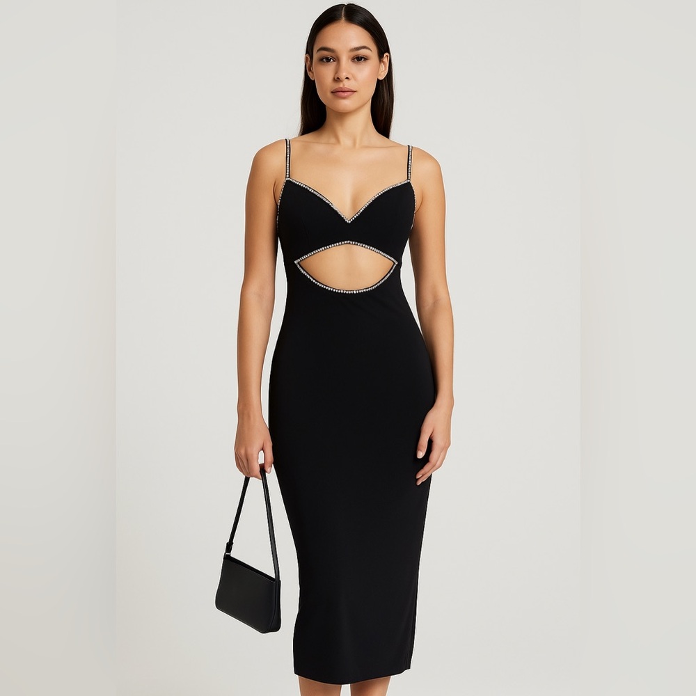 NWT Ieena‎ Mac Duggal 20683 Black Midi Cocktail Dress Rhinestones Sz XS $398